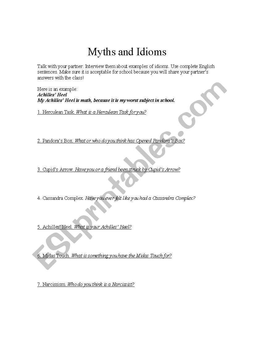 Myths & Idioms worksheet Myths & Idioms worksheet