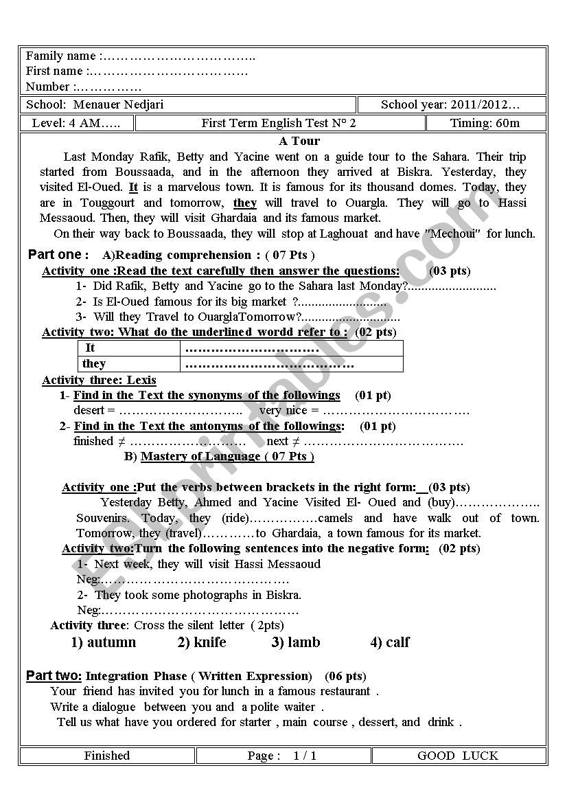  Atour to the sahara ( an exam)