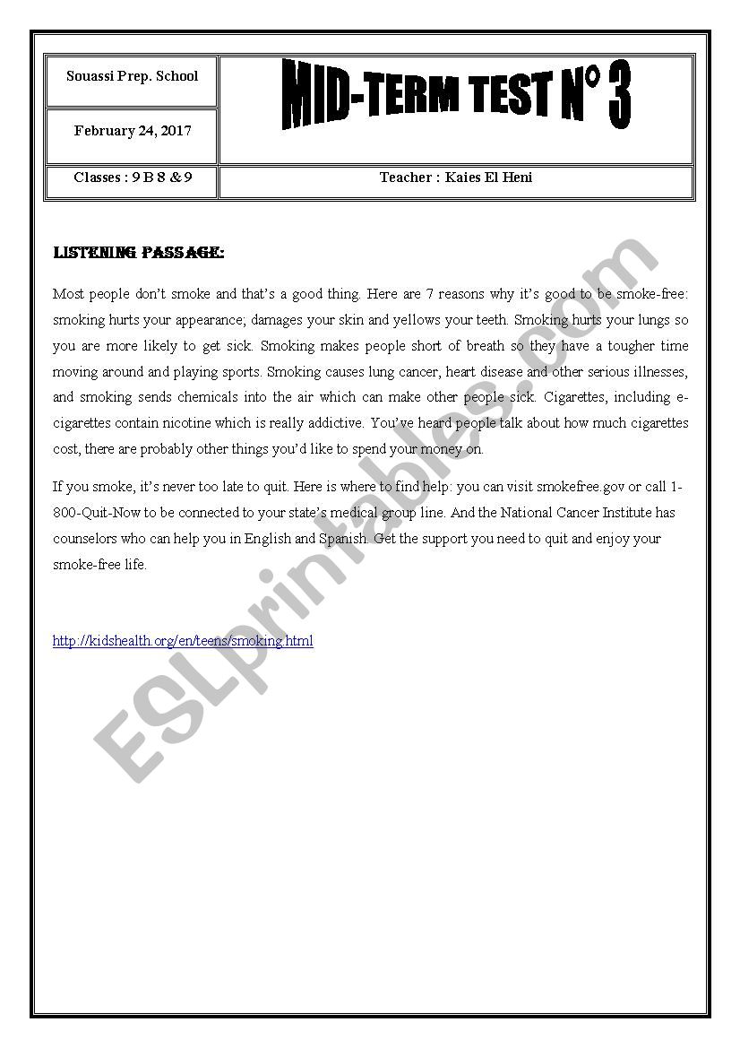 2016 / 2017 9th Form Mid-Term Test 3