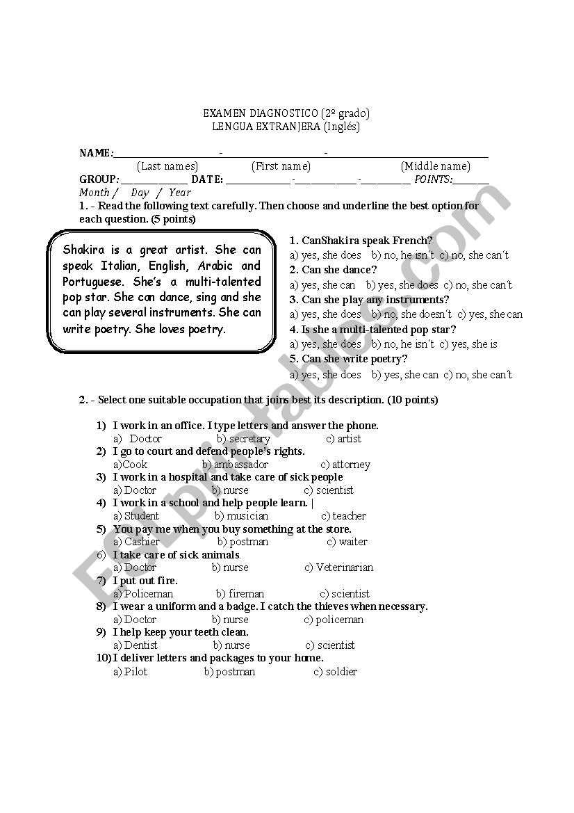 diagnostic exam worksheet