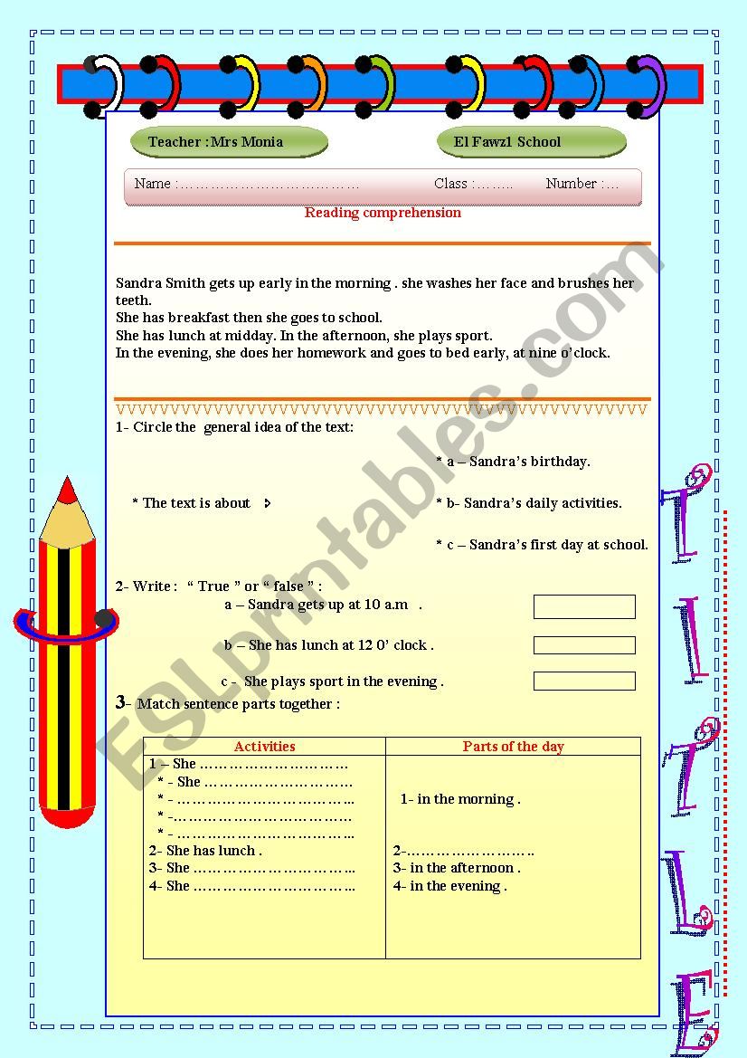 model for reading test2 worksheet