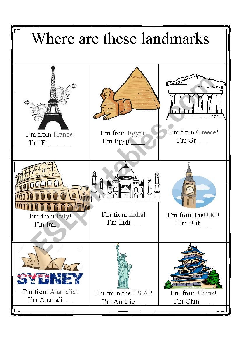 Famous Landmarks - countries and nationalities
