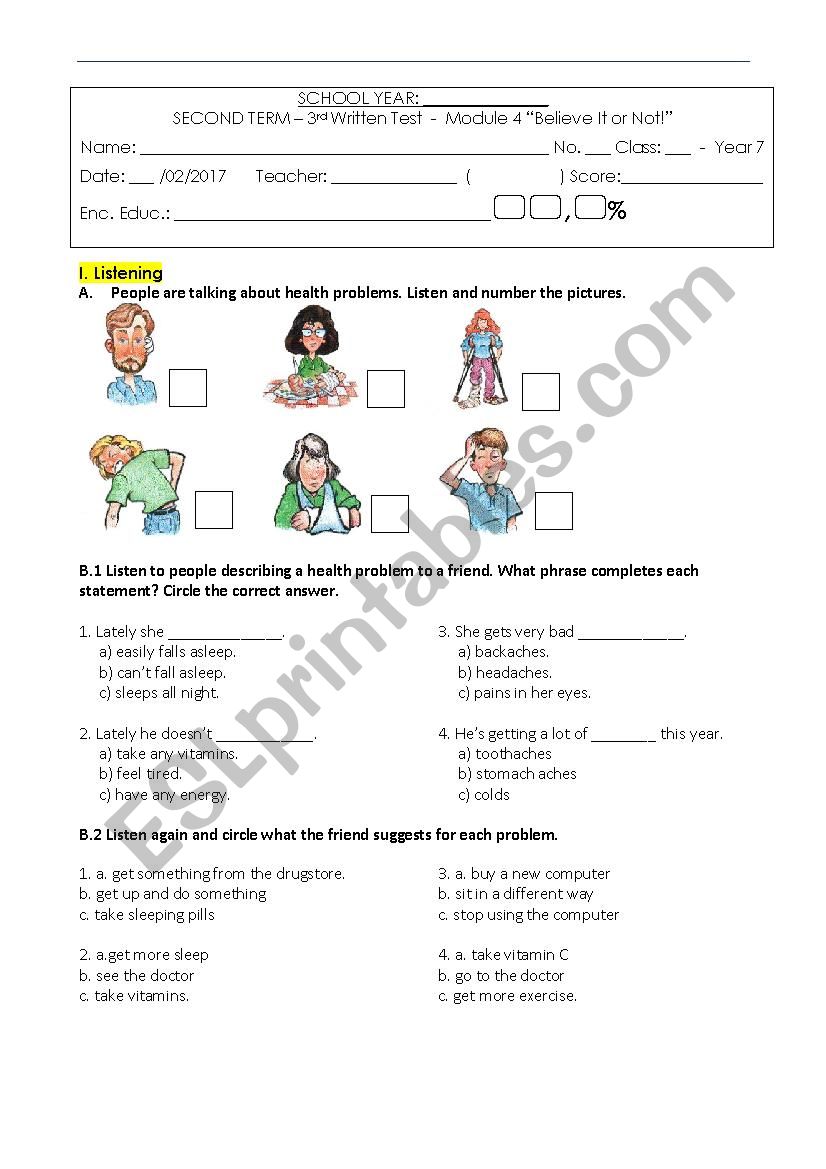 Test Health Problems / 7th grade