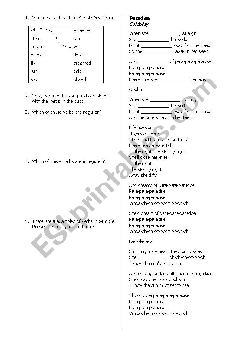 Coldplay Paradise Song worksheet