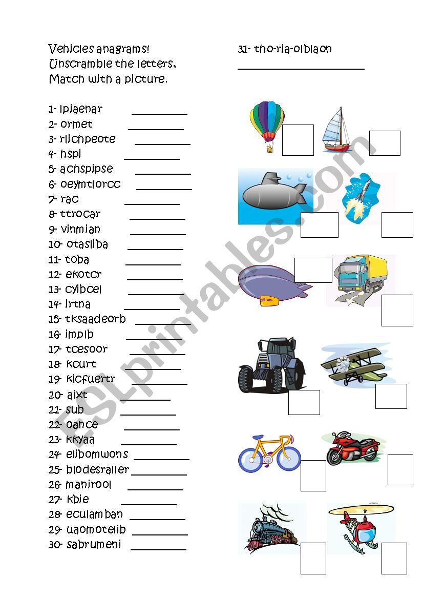 Vehicles anagrams worksheet