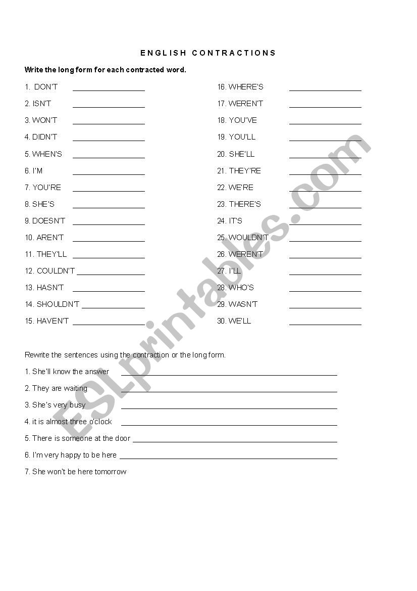 English Contractios worksheet