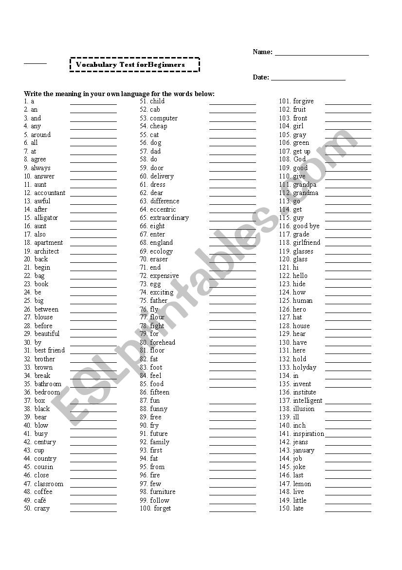 Vocabulary Test  worksheet