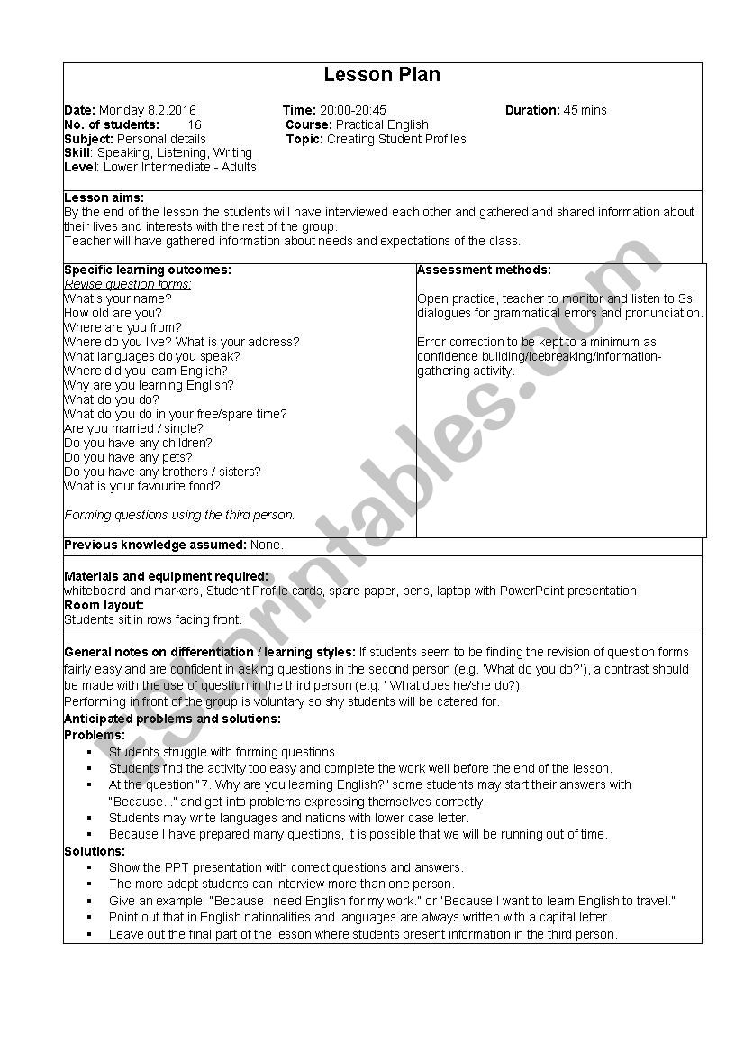 Creating students profiles worksheet