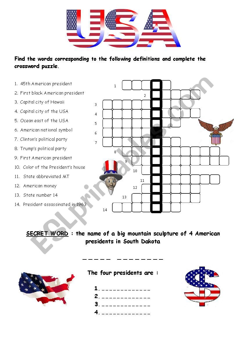 Crossword puzzle USA worksheet