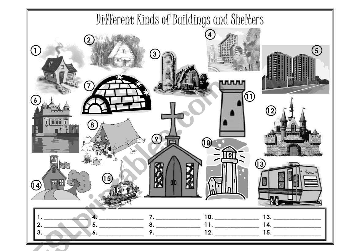 Buildings and Shelters Fill in the Blanks - Greyscale