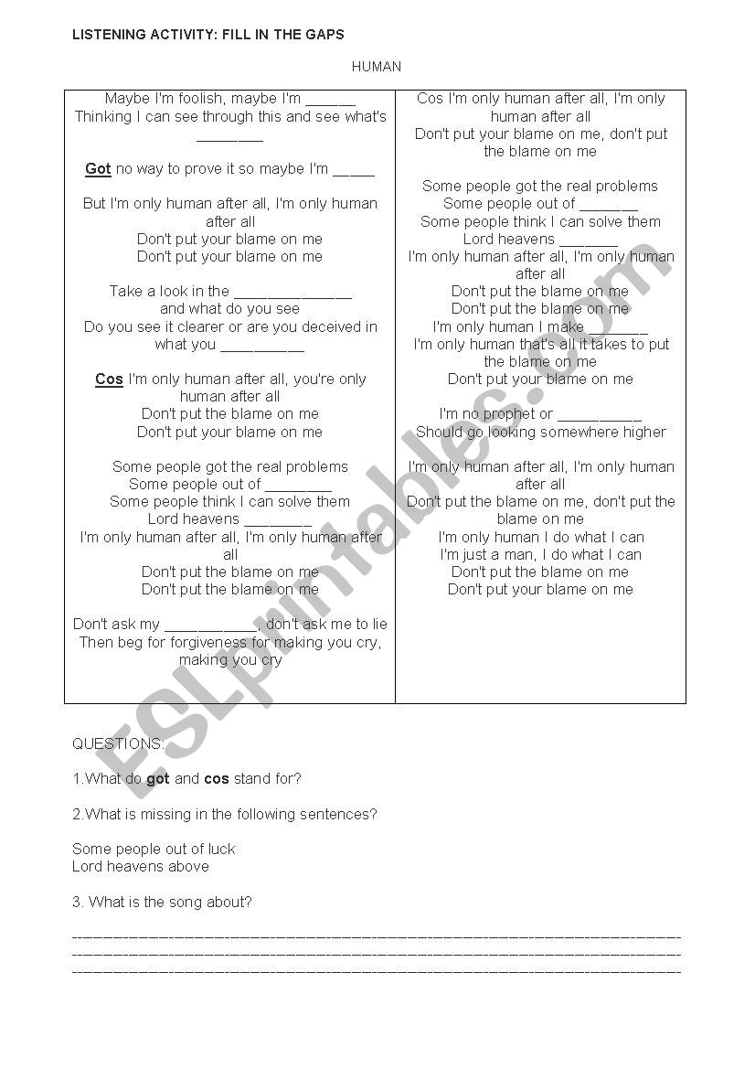 Human - listening activity worksheet