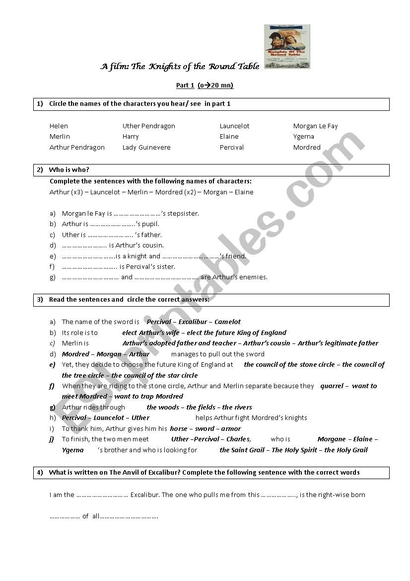 KNIGHTS OF THE ROUND TABLE worksheet