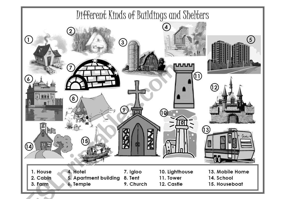 Buildings and Shelters Picture Dictionary - Greyscale