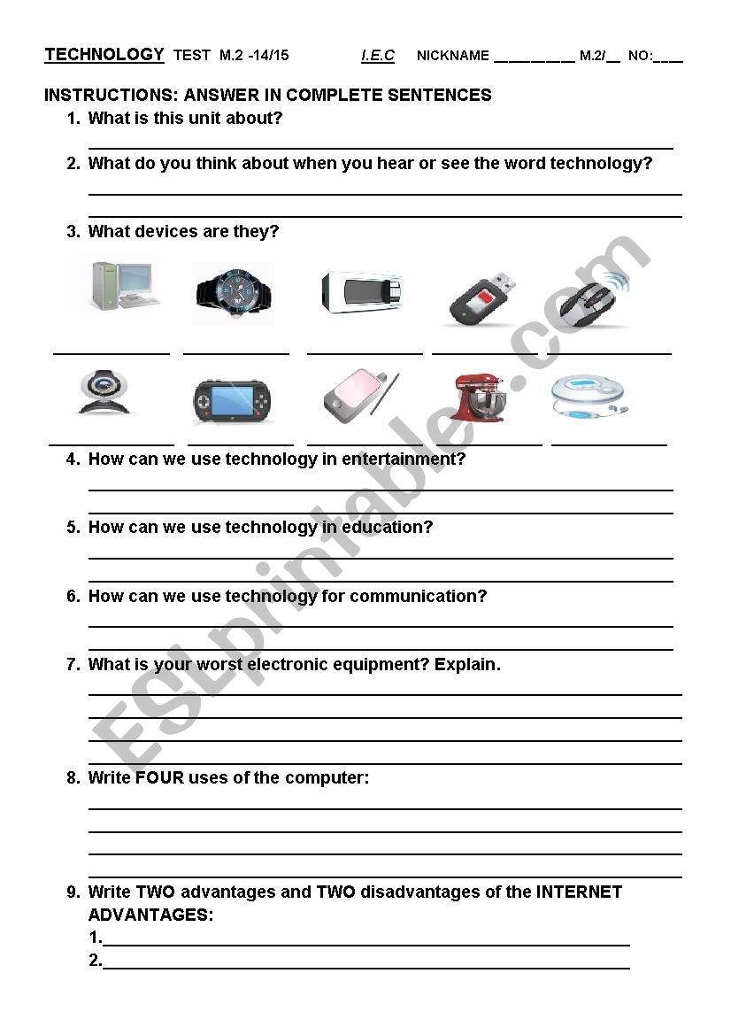 Quiz about Technology worksheet