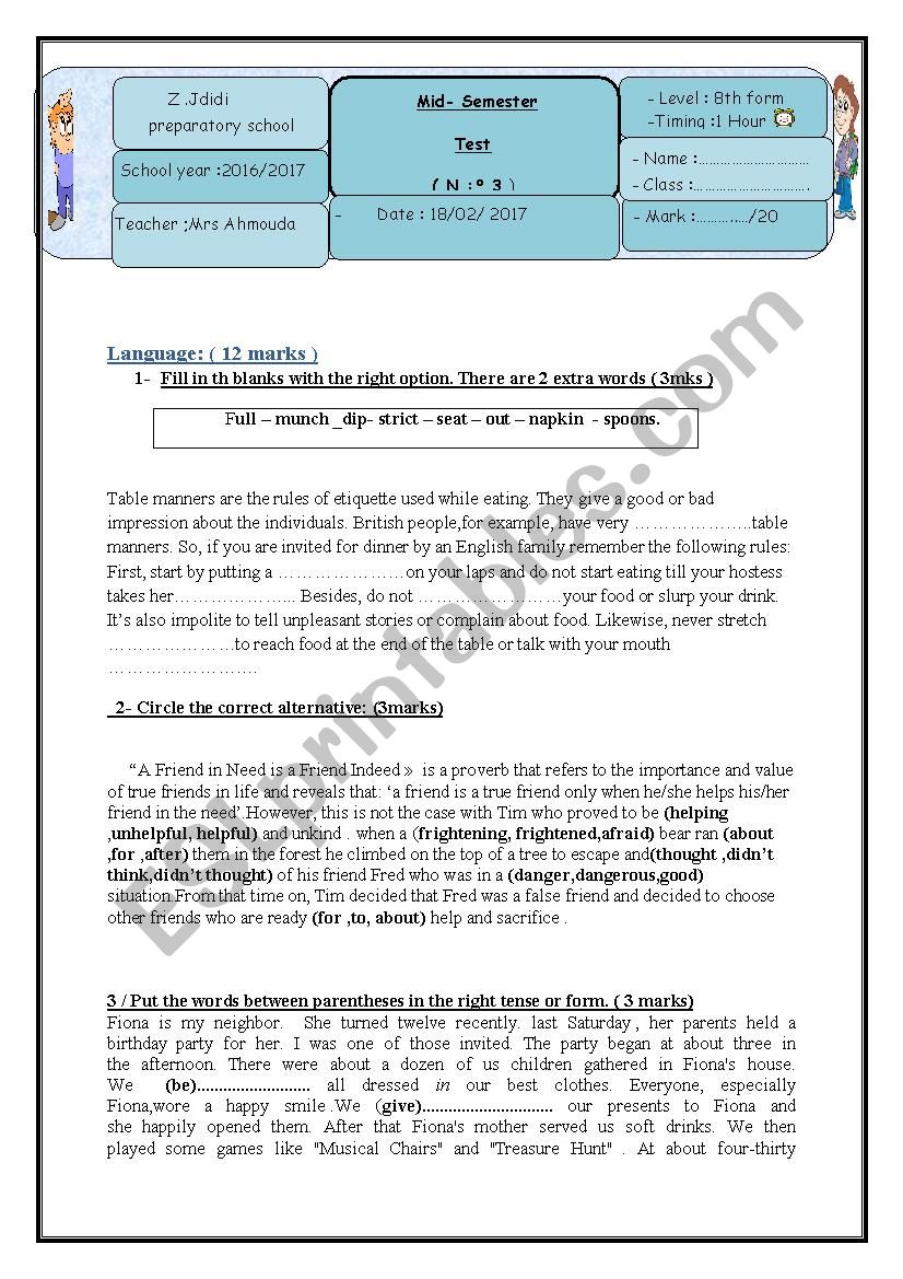 Mis-semester test 3 worksheet