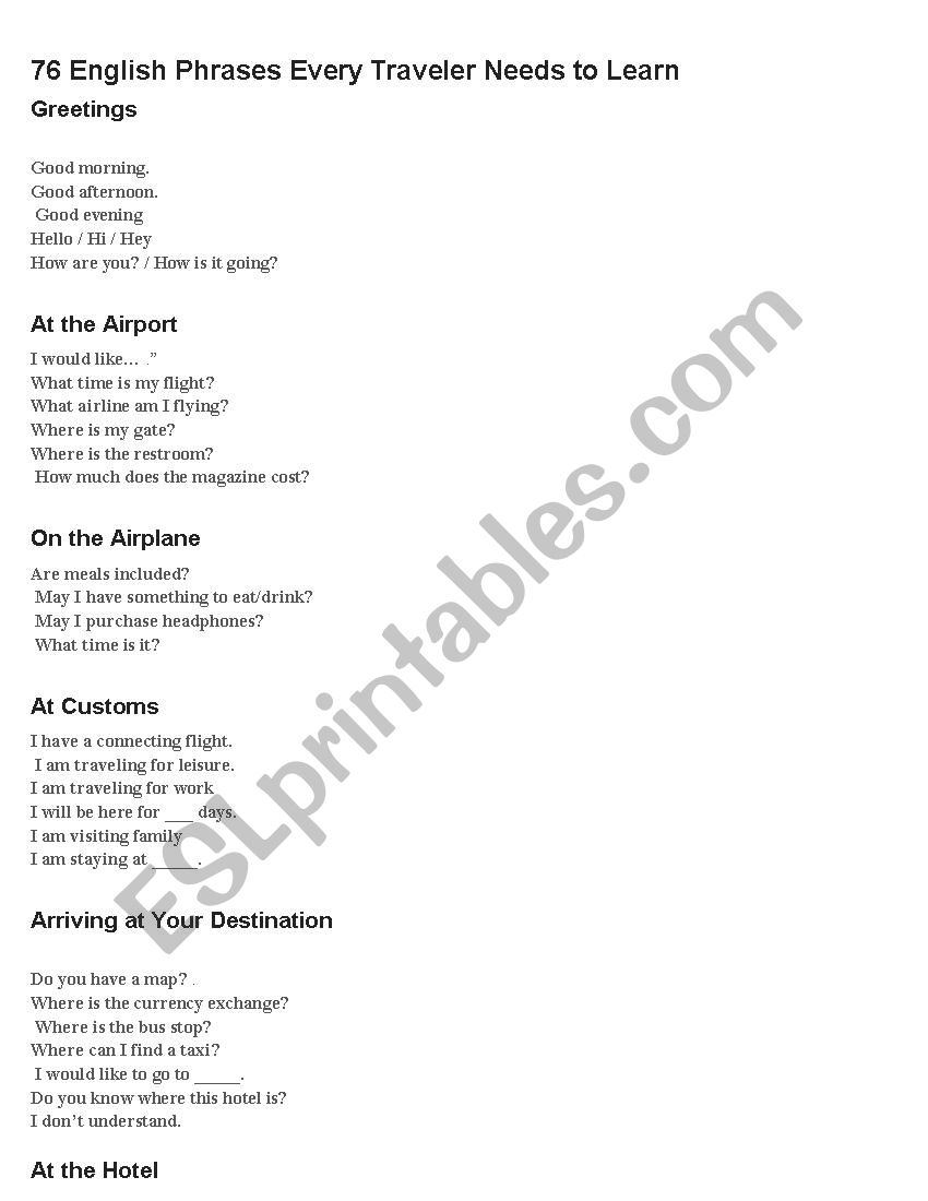 traveler phrases worksheet
