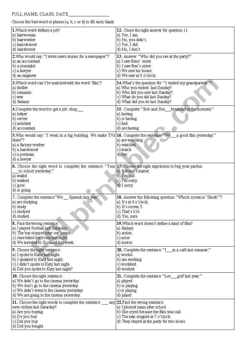 TEST WITH KEY worksheet