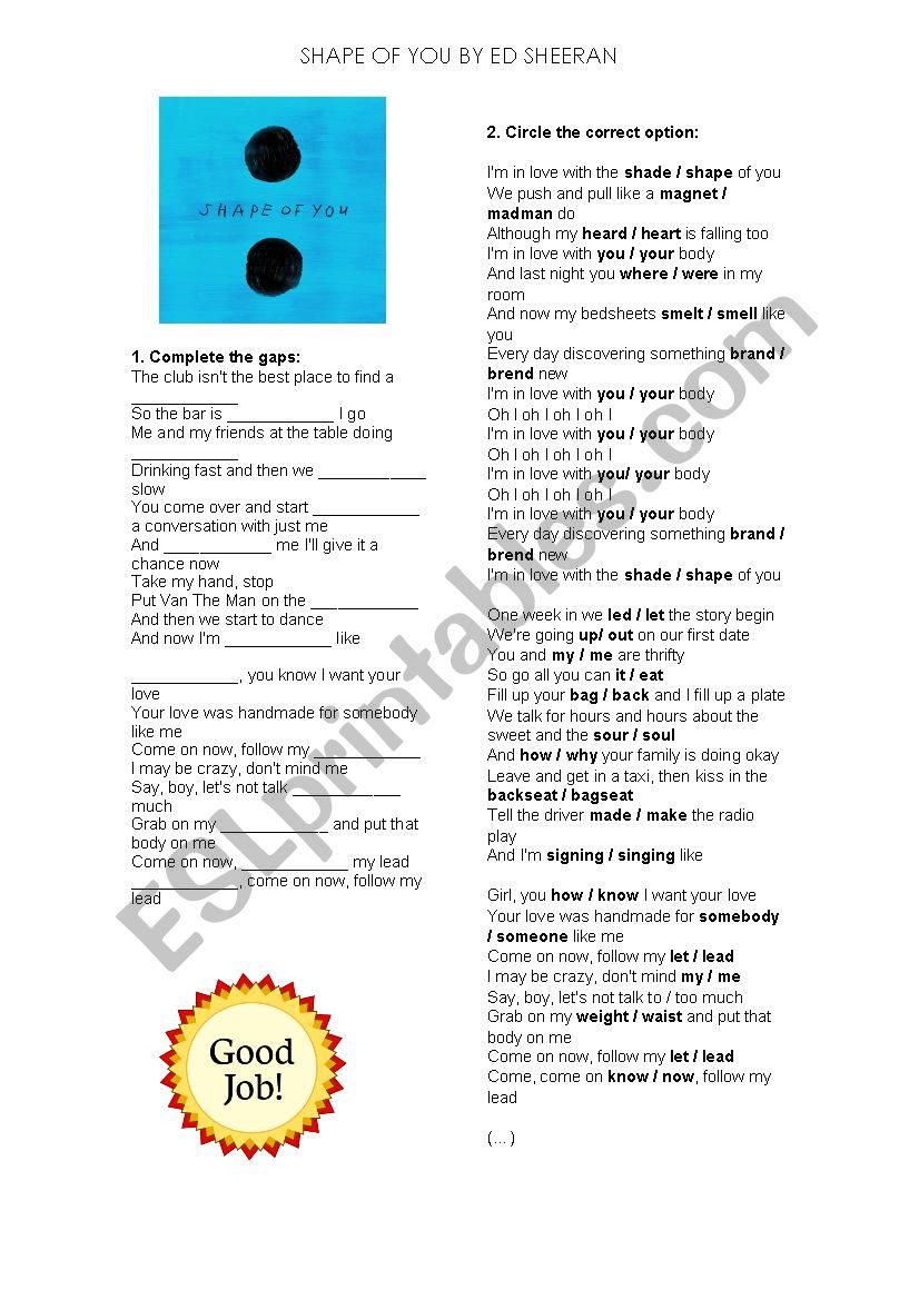 Shape Of You By Ed Sheeran worksheet