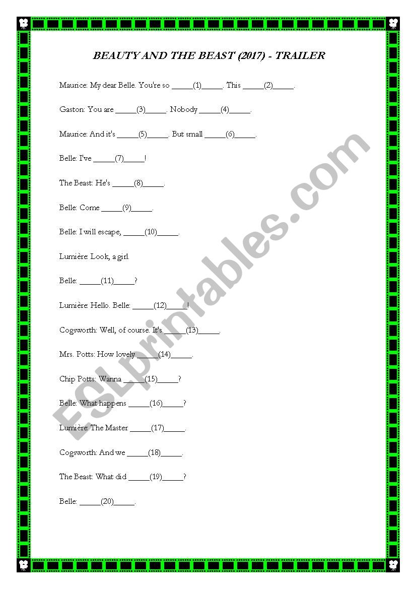 Beauty and the Beast Trailer worksheet