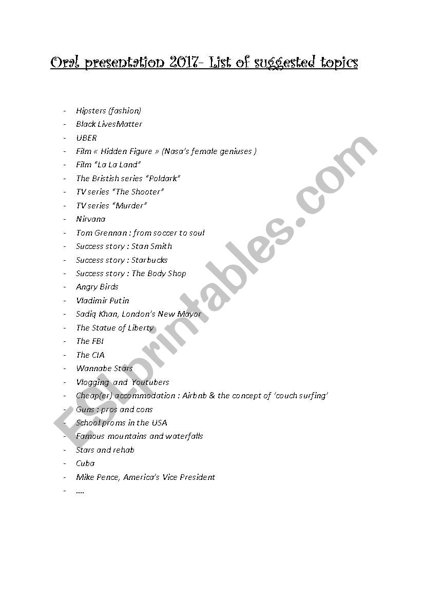 List of suggested topics for an oral presentation