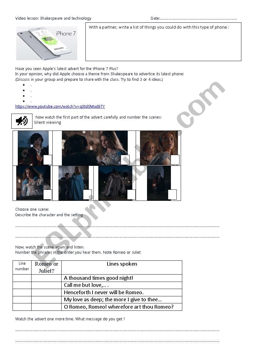 Romeo and Juliet by iphone worksheet