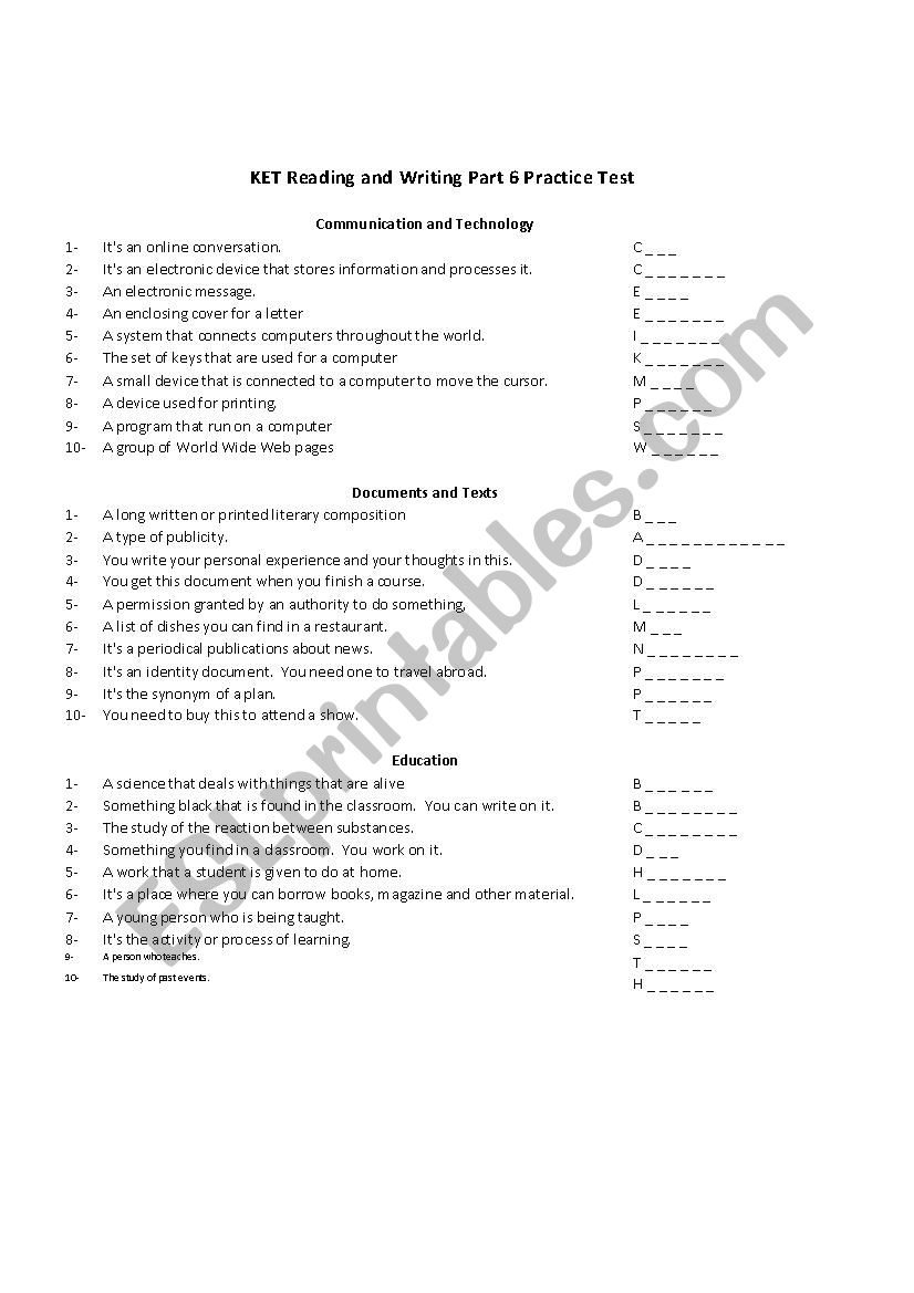 Exercises Part 6 of Cambridge KET