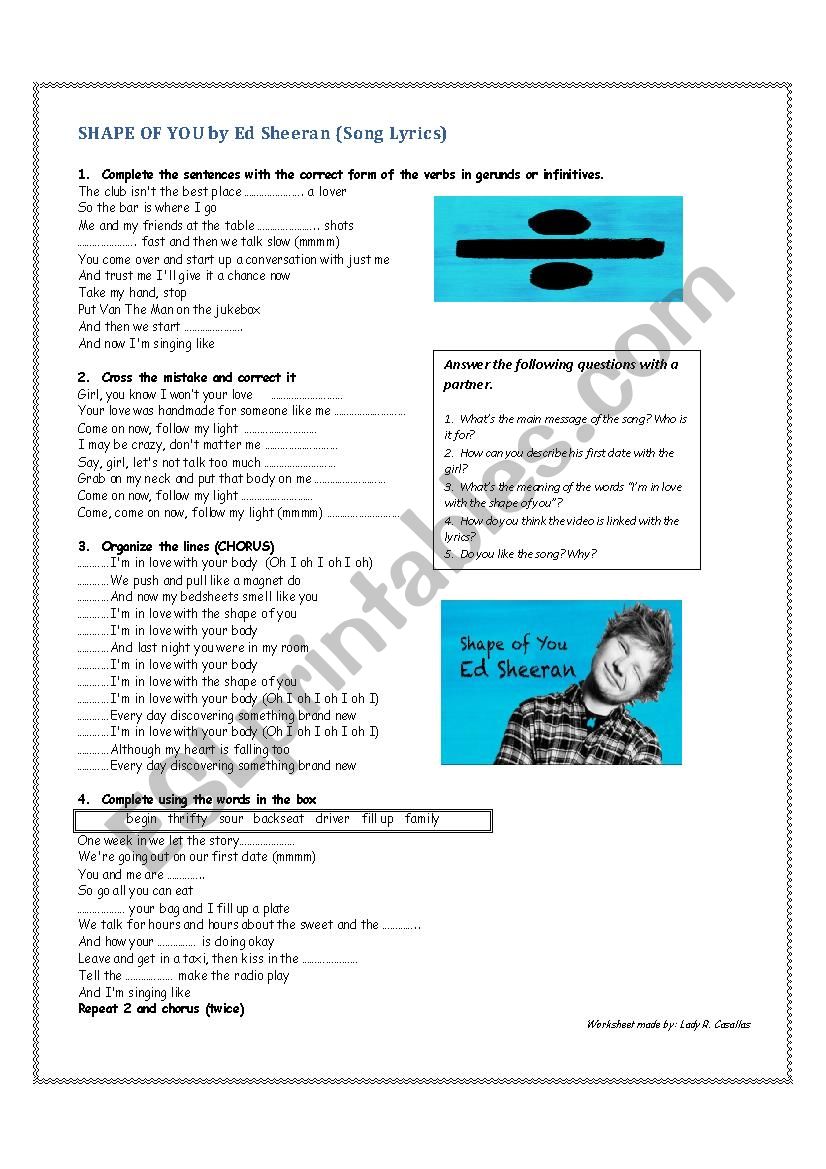 SHAPE OF YOU SONG WORKSHEET worksheet