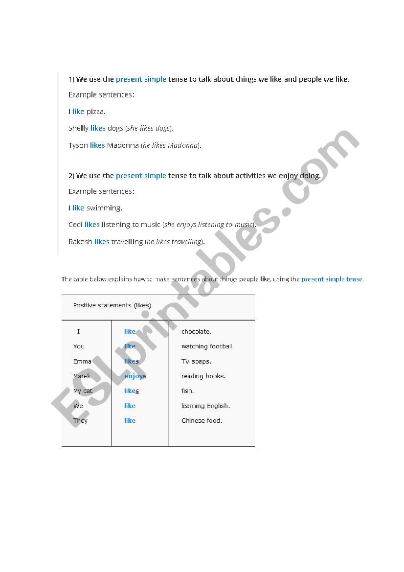 Likes and dislikes structure worksheet