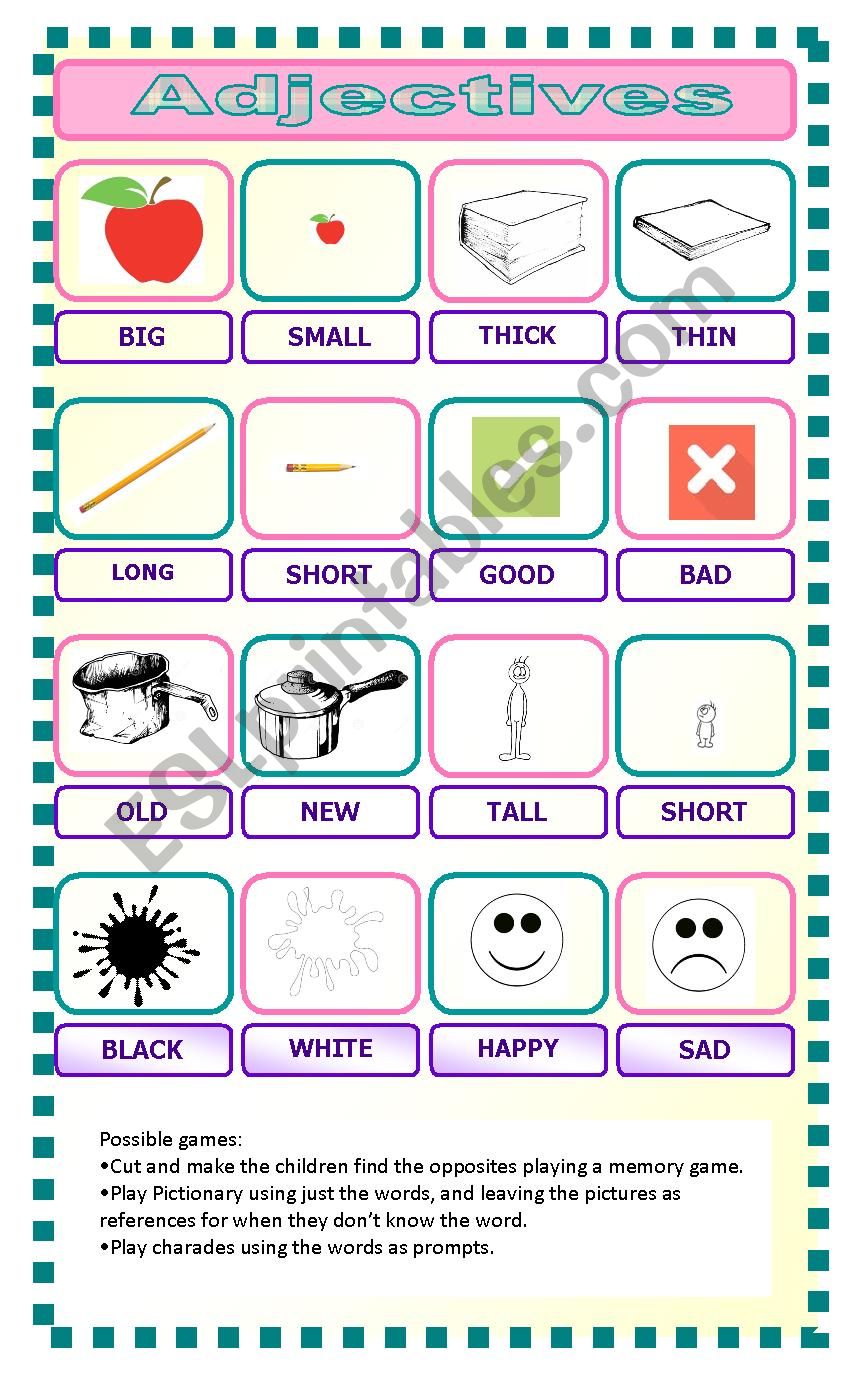 Adjectives: three games worksheet