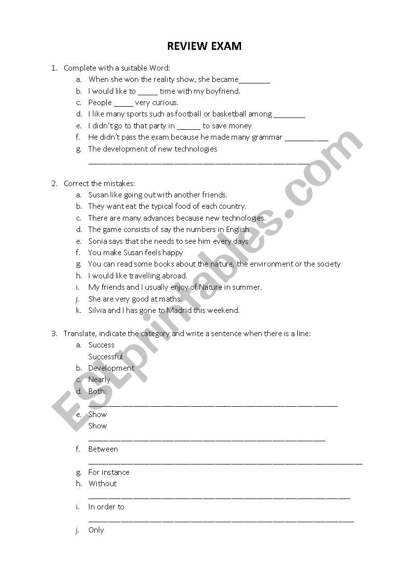 Writing Exam Review worksheet