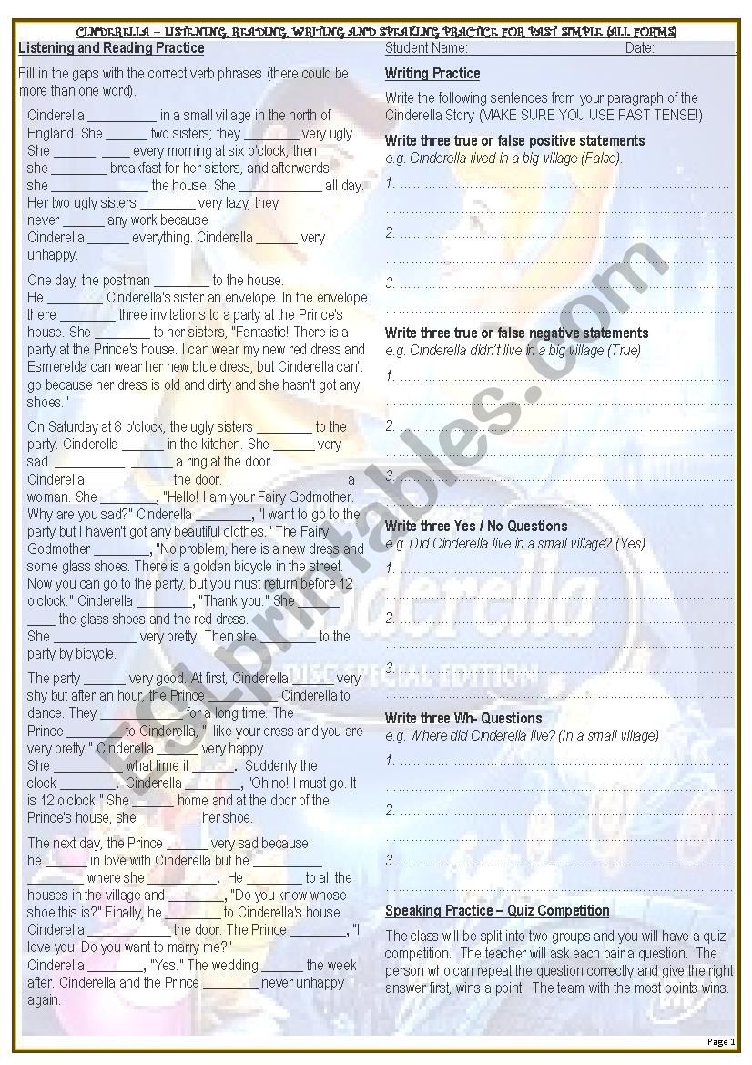 Cinderella - Past Simple (Listening, Reading, Writing, Speaking - Fully Editable with Answer Key / Lesson Plan
