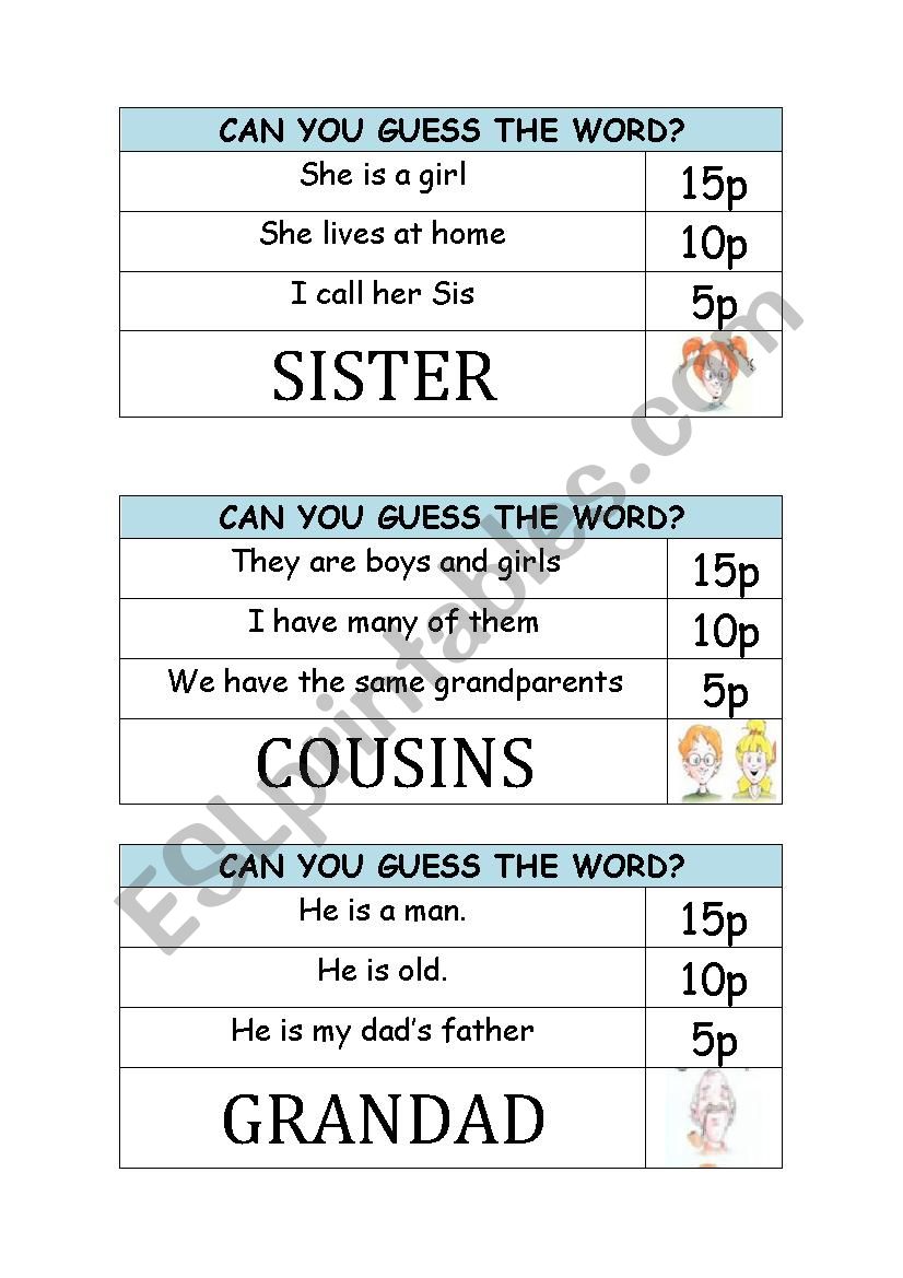 Family clue game worksheet