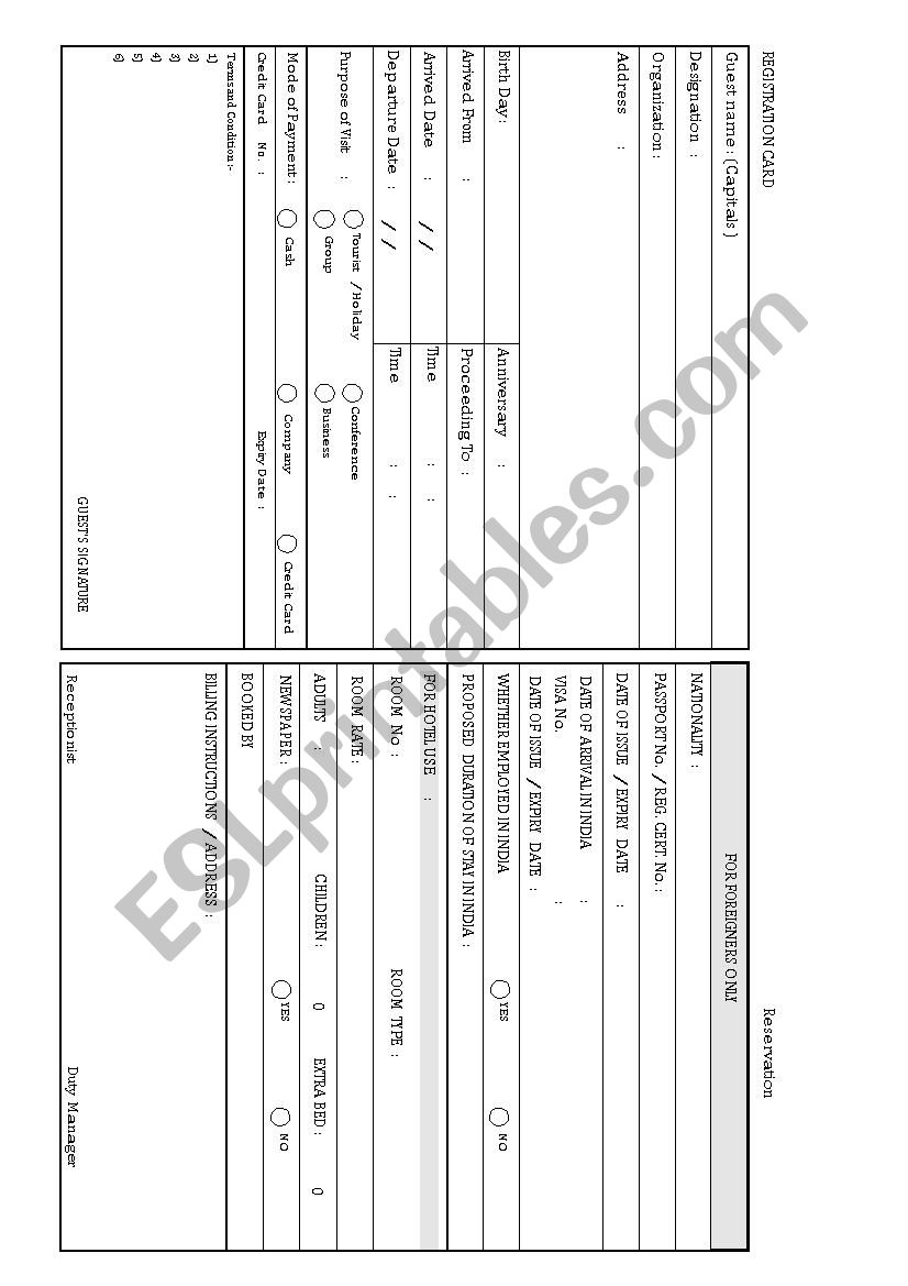 Registration in the hotel worksheet