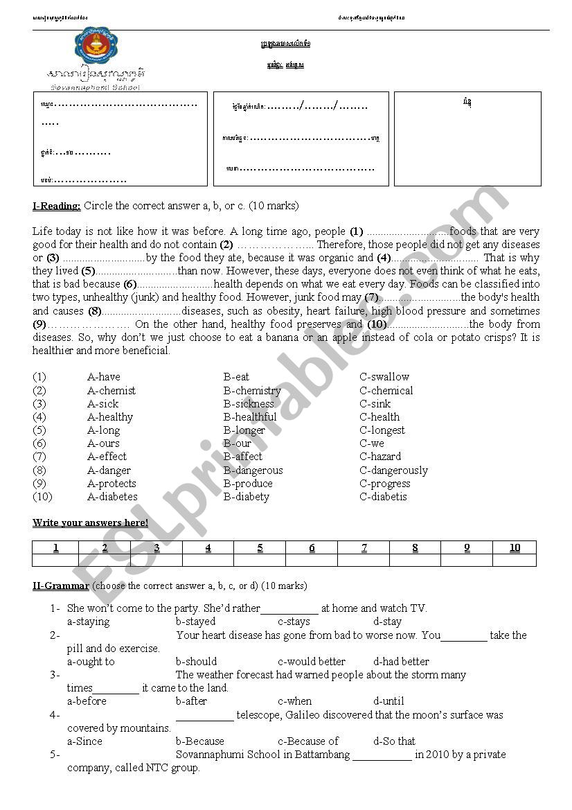 Food and Health worksheet