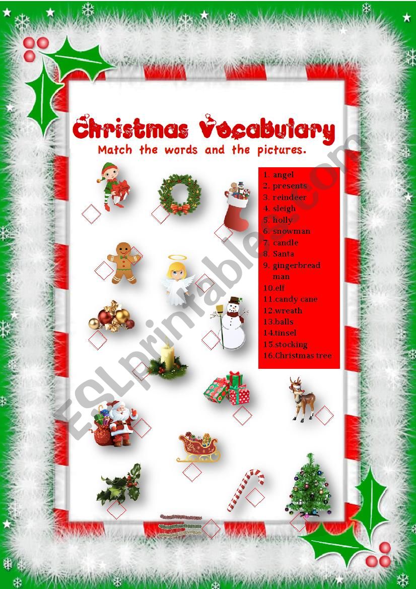 Christmas vocabulary-matching exercise