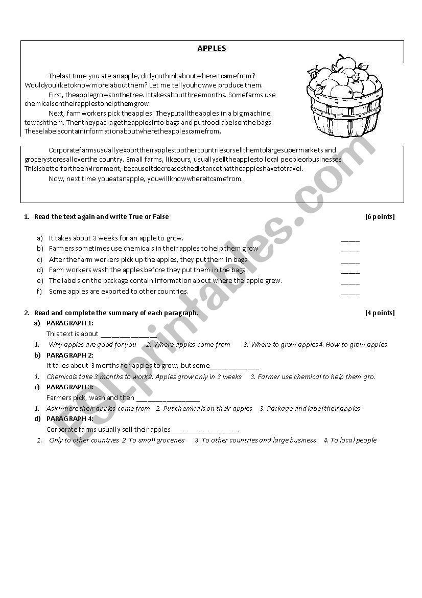 reading comp about Apples worksheet