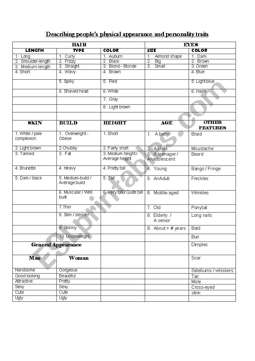 DESCRIBING PEOPLE  worksheet