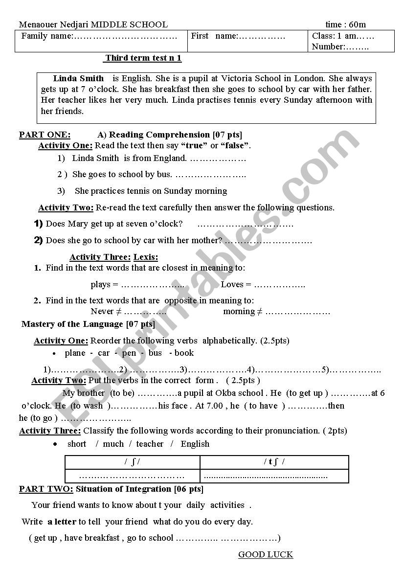 Linda Smith daily activities worksheet