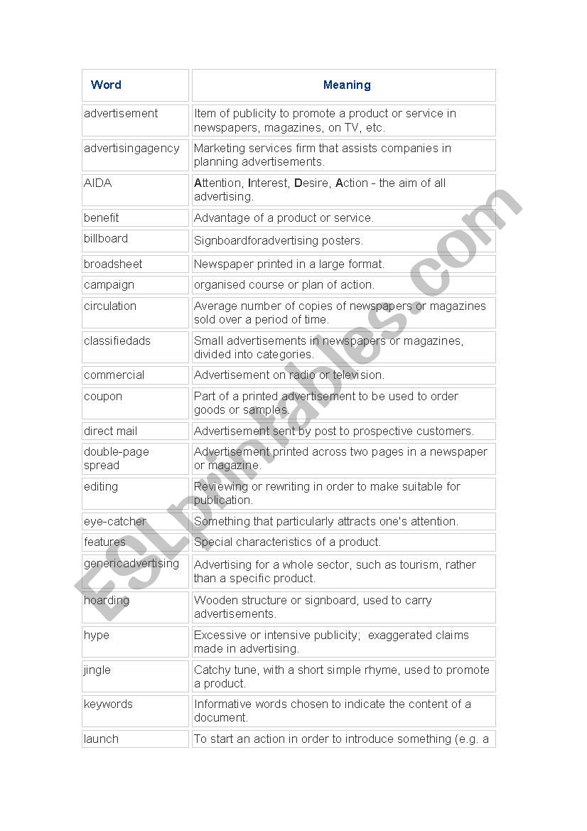 Vocabulary Advertisement  worksheet