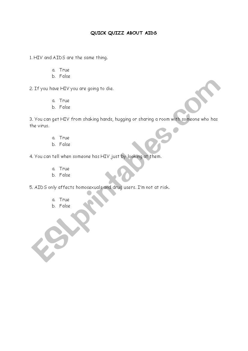 Quick quizz on AIDS worksheet