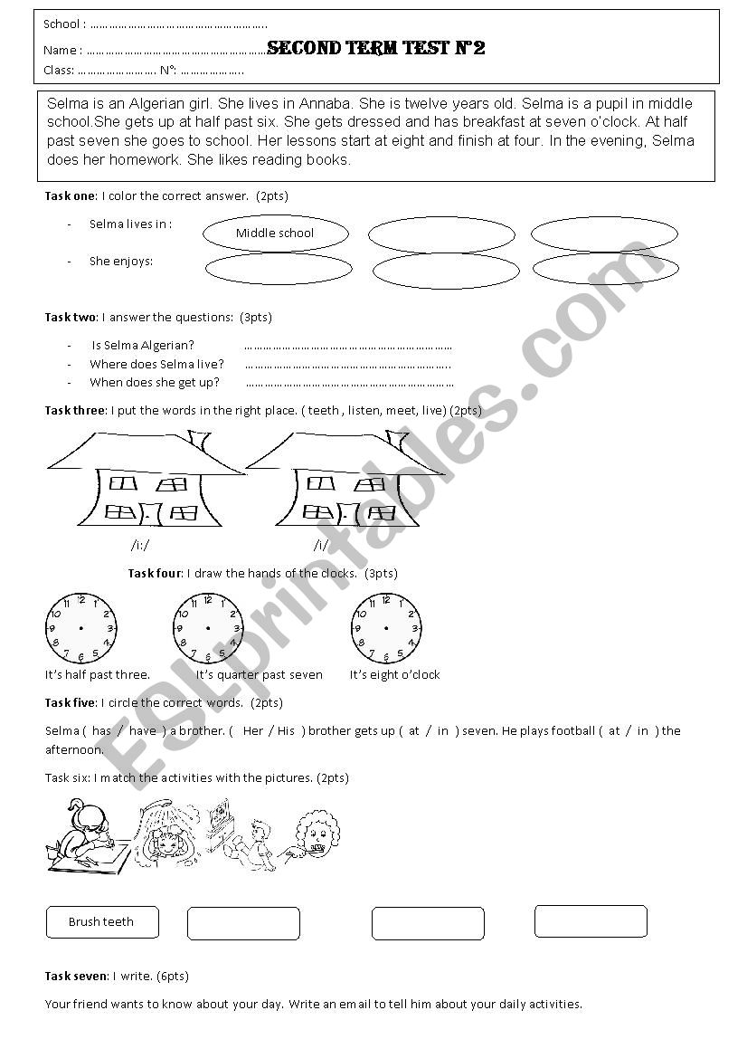 test for elementary worksheet