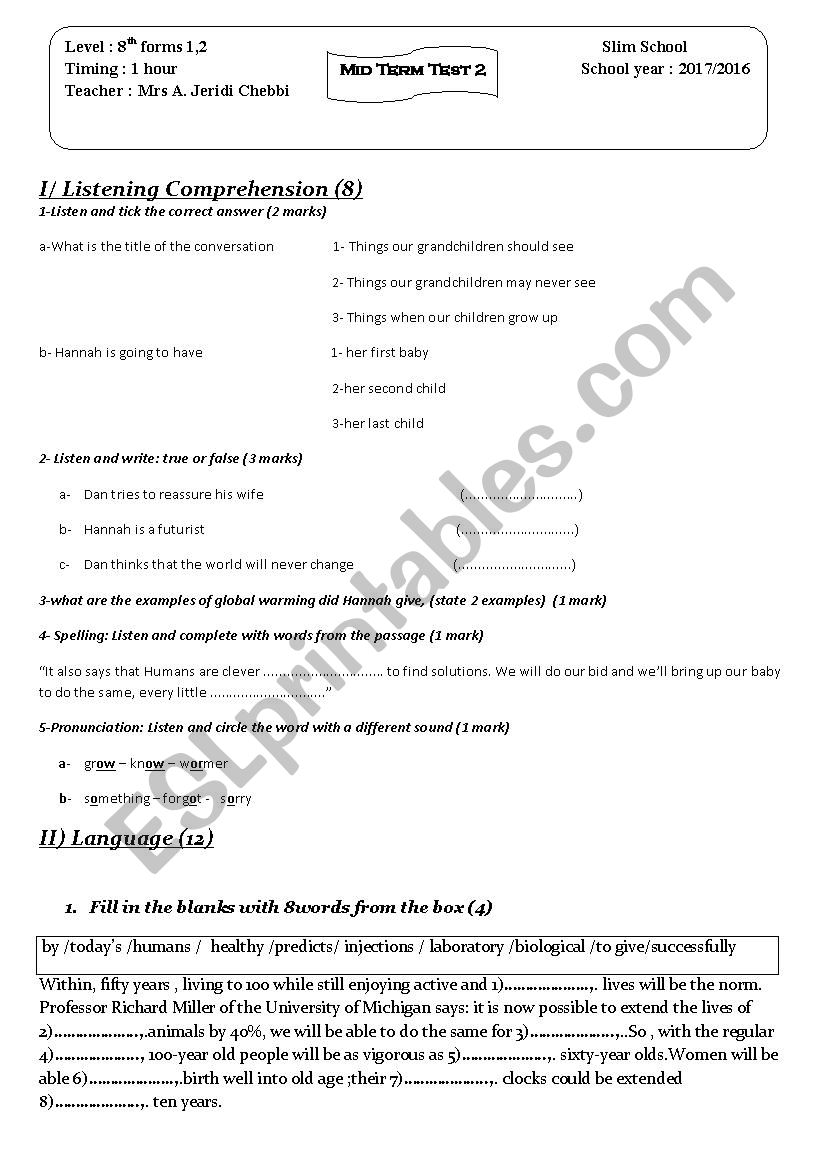 Mid Term Test N2 worksheet