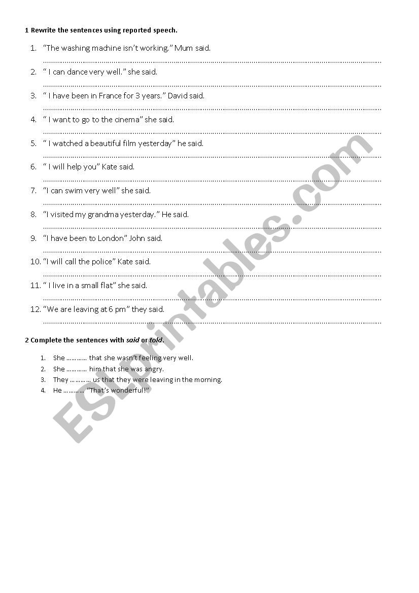 reported speech worksheet