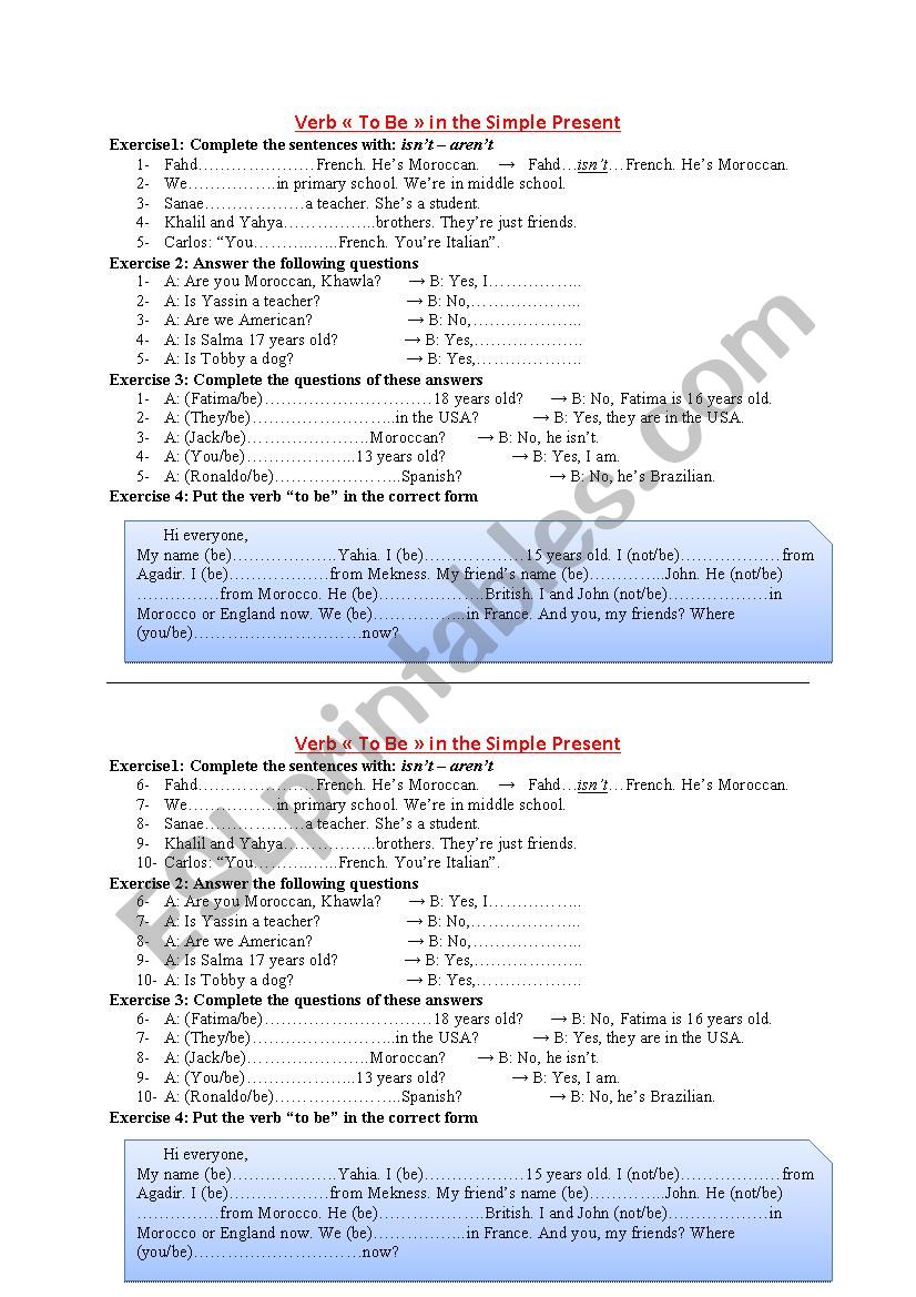 worksheet on the verb TO BE worksheet