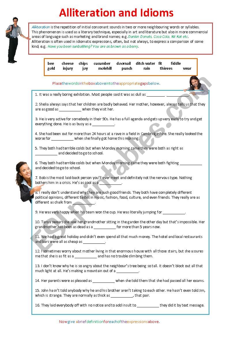 Alliteration and Idioms worksheet