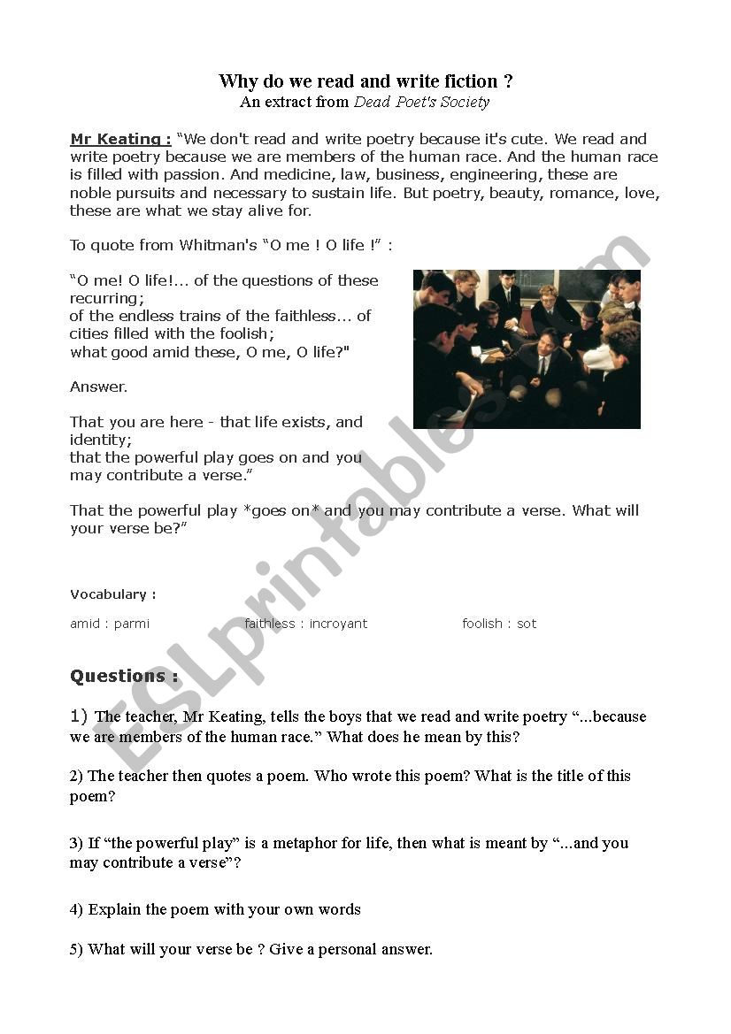 Why do we read and write fiction dead poet s society key included