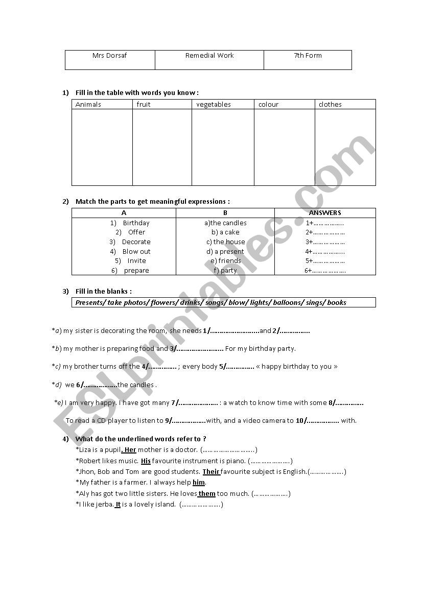 remedial work  worksheet