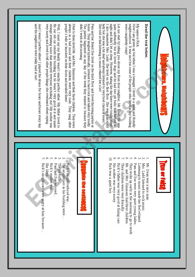 Neighbours, neighbours worksheet