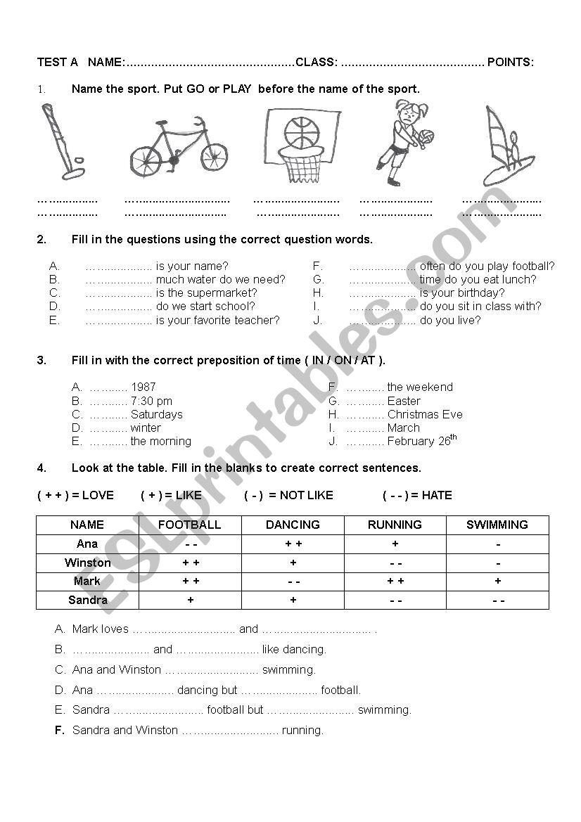 Sport,question words, prepositions of time