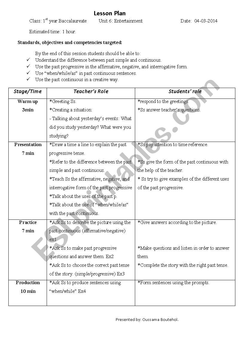 Past conti lesson plan worksheet